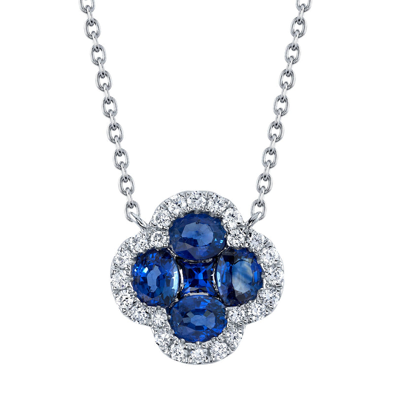 0.16CT DIAMOND & 1.14CT BLUE SAPPHIRE CLOVER NECKLACE