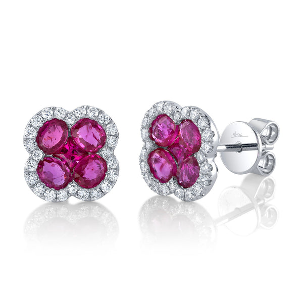 0.33CT DIAMOND & 2.03CT RUBY CLOVER STUD EARRING