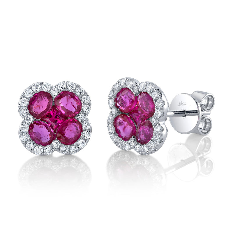 0.33CT DIAMOND & 2.03CT RUBY CLOVER STUD EARRING