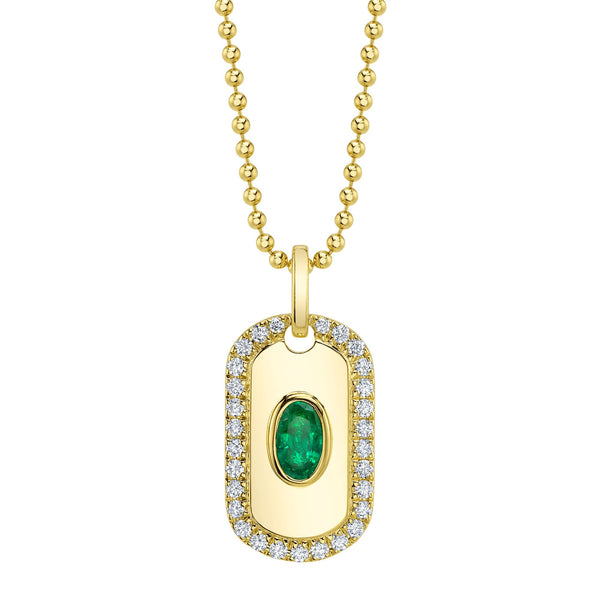0.19CT DIAMOND & 0.21CT EMERALD OVAL DOG TAG BALL CHAIN NECKLACE