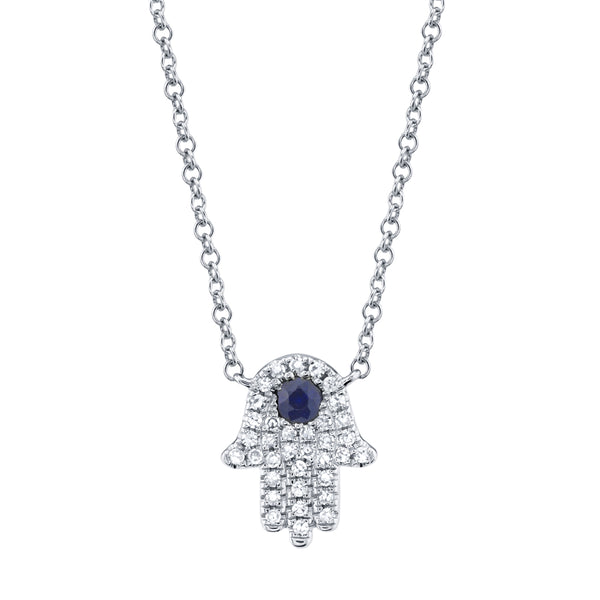 0.09CT DIAMOND & 0.08CT BLUE SAPPHIRE HAMSA NECKLACE