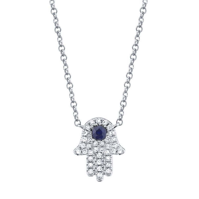 0.09CT DIAMOND & 0.08CT BLUE SAPPHIRE HAMSA NECKLACE