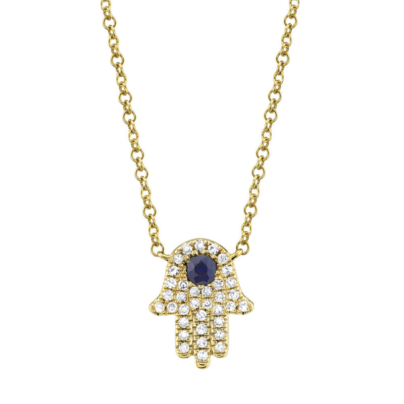 0.09CT DIAMOND & 0.08CT BLUE SAPPHIRE HAMSA NECKLACE