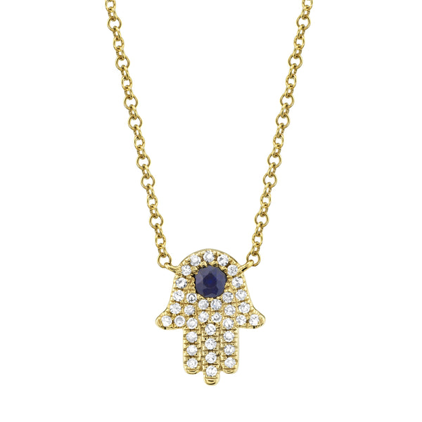 0.09CT DIAMOND & 0.08CT BLUE SAPPHIRE HAMSA NECKLACE