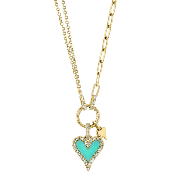 0.13CT DIAMOND & 0.39CT COMPOSITE TURQUOISE HEART PAPER CLIP LINK NECKLACE