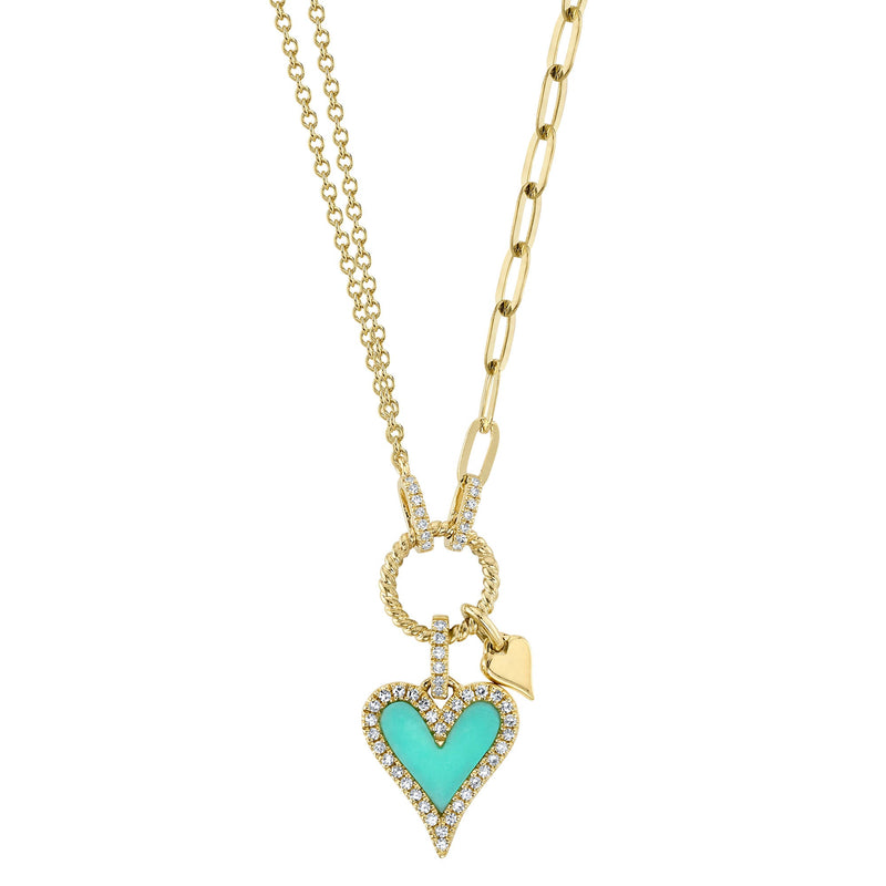 0.13CT DIAMOND & 0.39CT COMPOSITE TURQUOISE HEART PAPER CLIP LINK NECKLACE