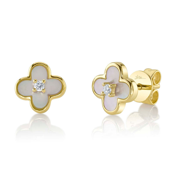 0.04CT DIAMOND & 0.59CT MOTHER OF PEARL CLOVER STUD EARRING