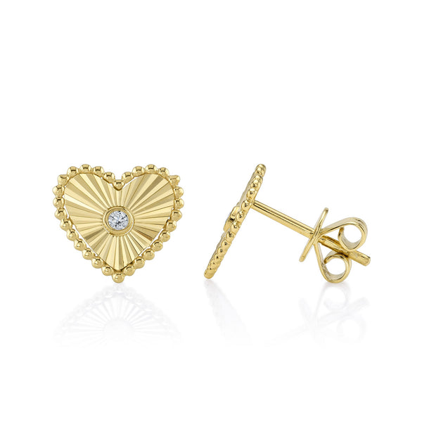 0.04CT DIAMOND BEZEL RIBBED HEART STUD EARRING