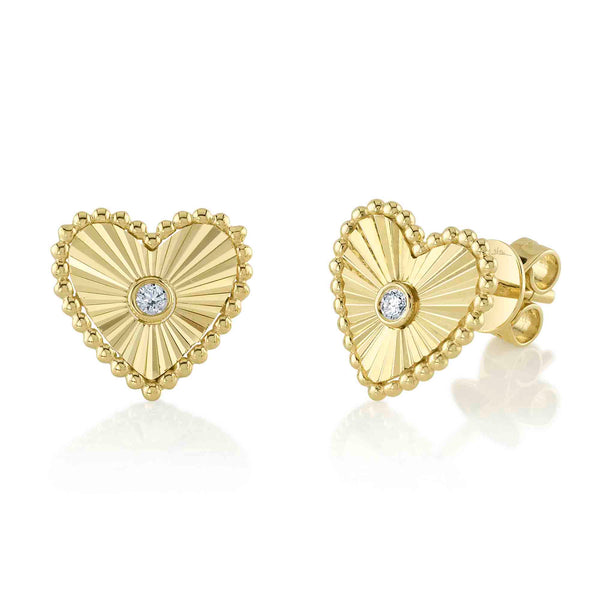 0.04CT DIAMOND BEZEL RIBBED HEART STUD EARRING