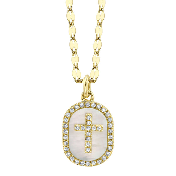 0.11CT DIAMOND & 0.95CT MOTHER OF PEARL OVAL CROSS SPARKLE CHAIN NECKLACE