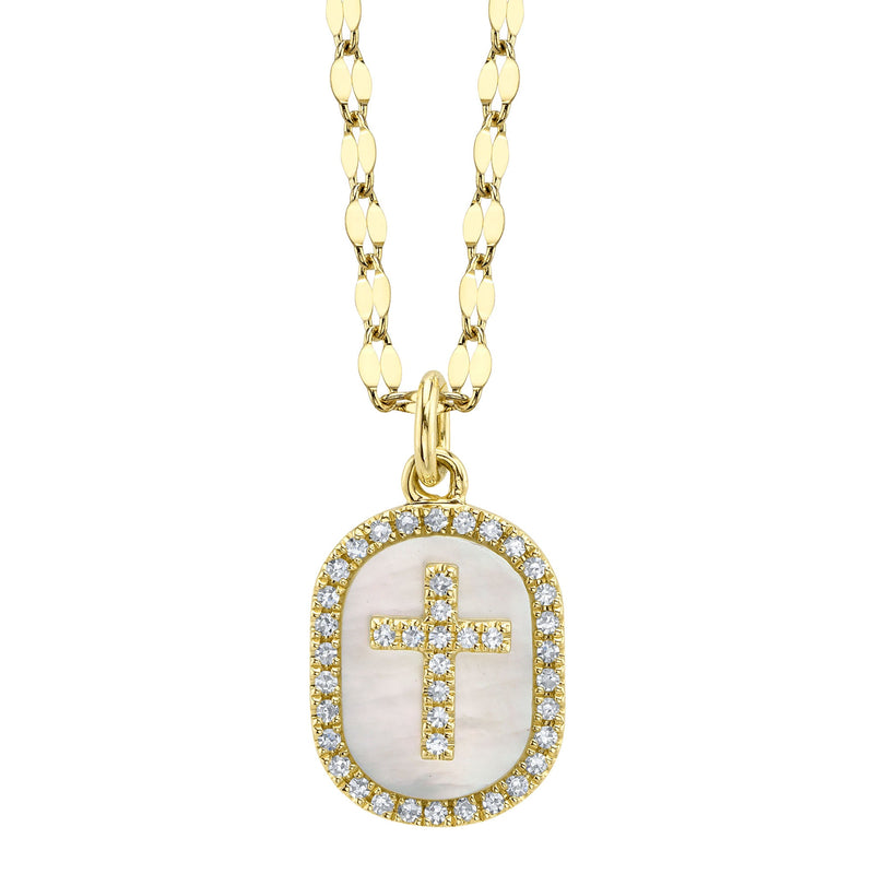0.11CT DIAMOND & 0.95CT MOTHER OF PEARL OVAL CROSS SPARKLE CHAIN NECKLACE