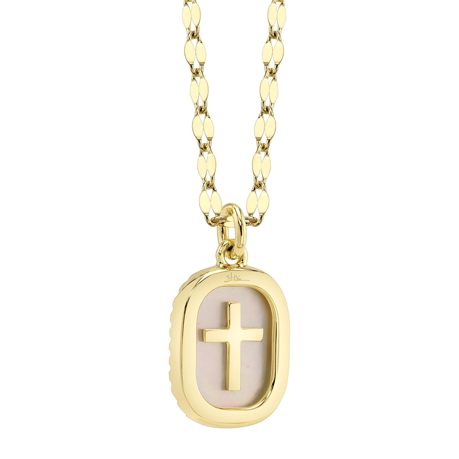0.11CT DIAMOND & 0.95CT MOTHER OF PEARL OVAL CROSS SPARKLE CHAIN