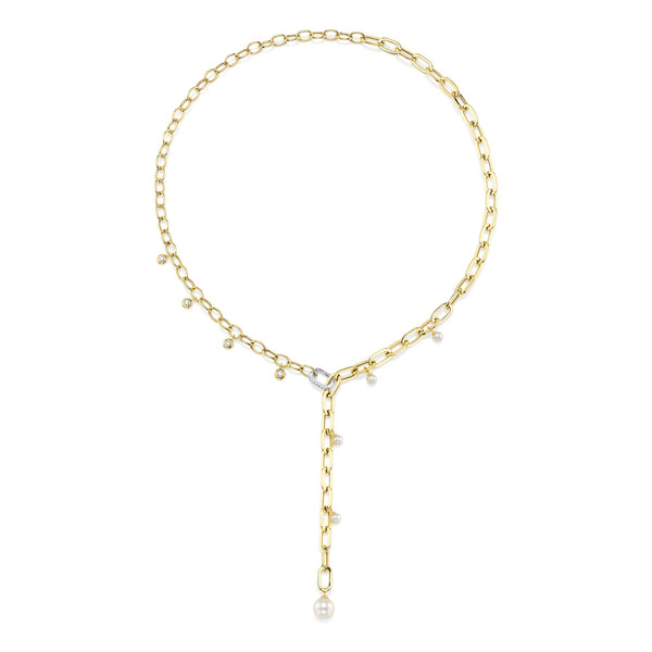 0.27CT DIAMOND & CULTURED PEARL BEZEL PAPER CLIP LINK NECKLACE