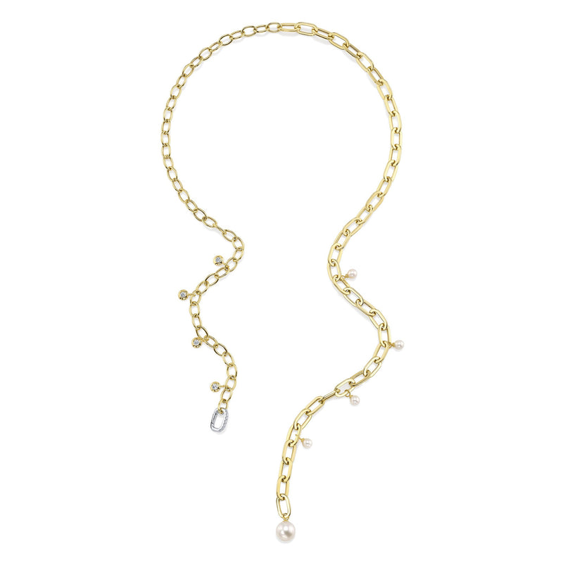 0.27CT DIAMOND & CULTURED PEARL BEZEL PAPER CLIP LINK NECKLACE
