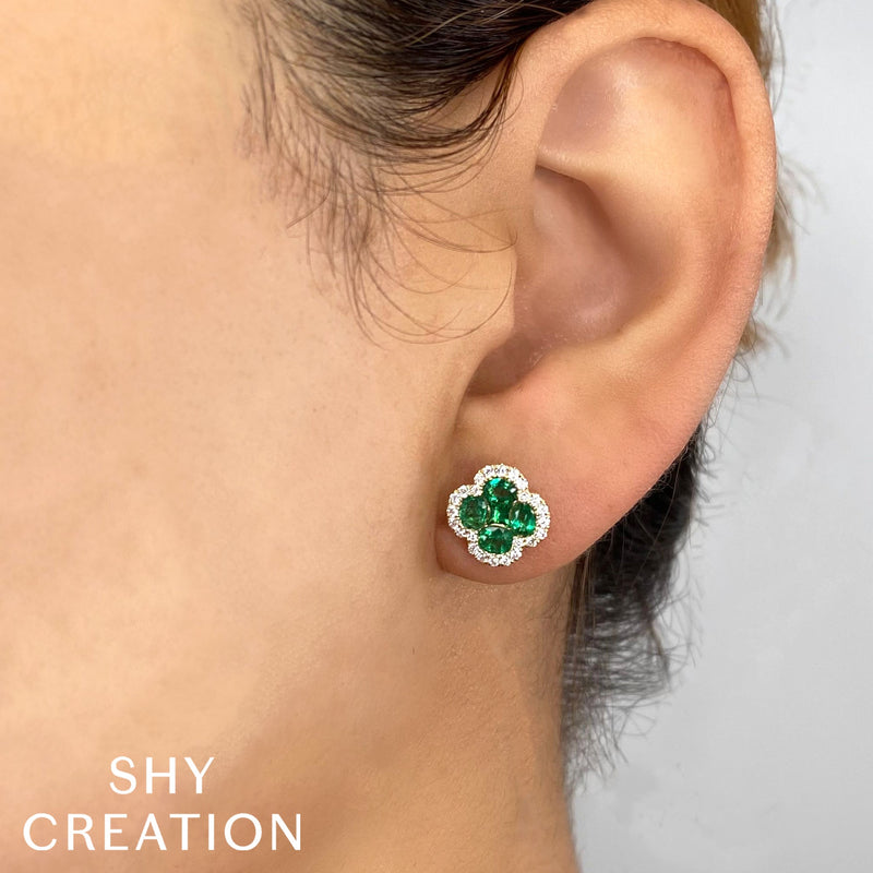 0.33CT DIAMOND & 1.29CT EMERALD CLOVER STUD EARRING