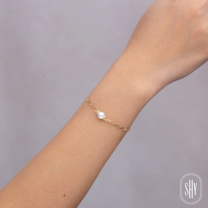 0.07CT DIAMOND & CULTURED PEARL PAPER CLIP LINK BRACELET