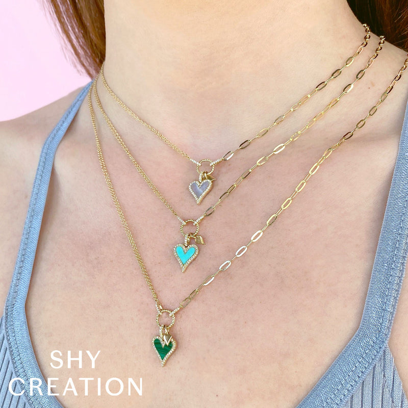 0.13CT DIAMOND & 0.39CT COMPOSITE TURQUOISE HEART PAPER CLIP LINK NECKLACE