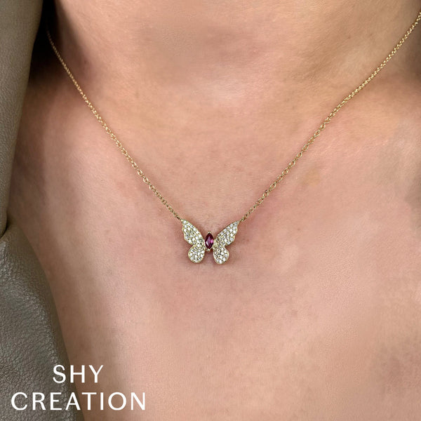 0.16CT DIAMOND & 0.09CT RUBY MARQUISE BUTTERFLY NECKLACE