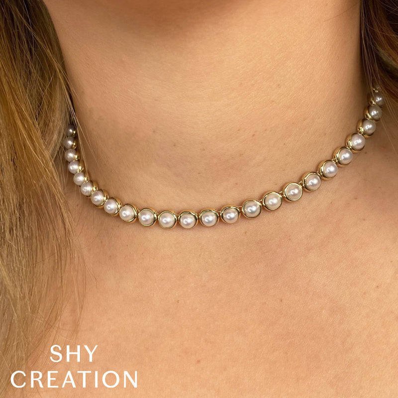 CULTURED PEARL BEZEL TENNIS NECKLACE