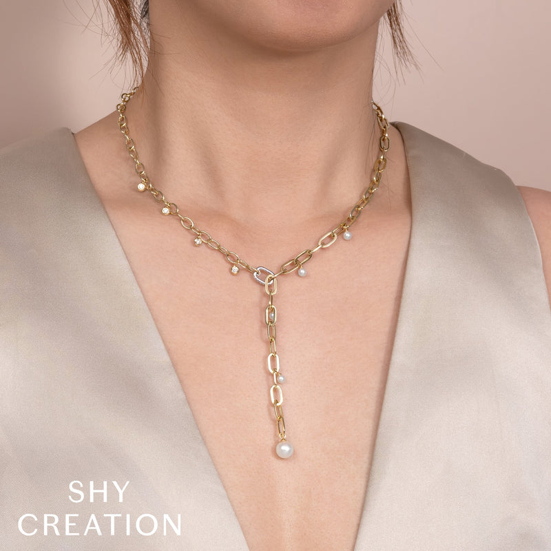 0.27CT DIAMOND & CULTURED PEARL BEZEL PAPER CLIP LINK NECKLACE