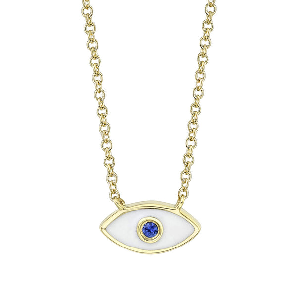 White Enamel & Blue Sapphire Evil Eye Pendant Necklace